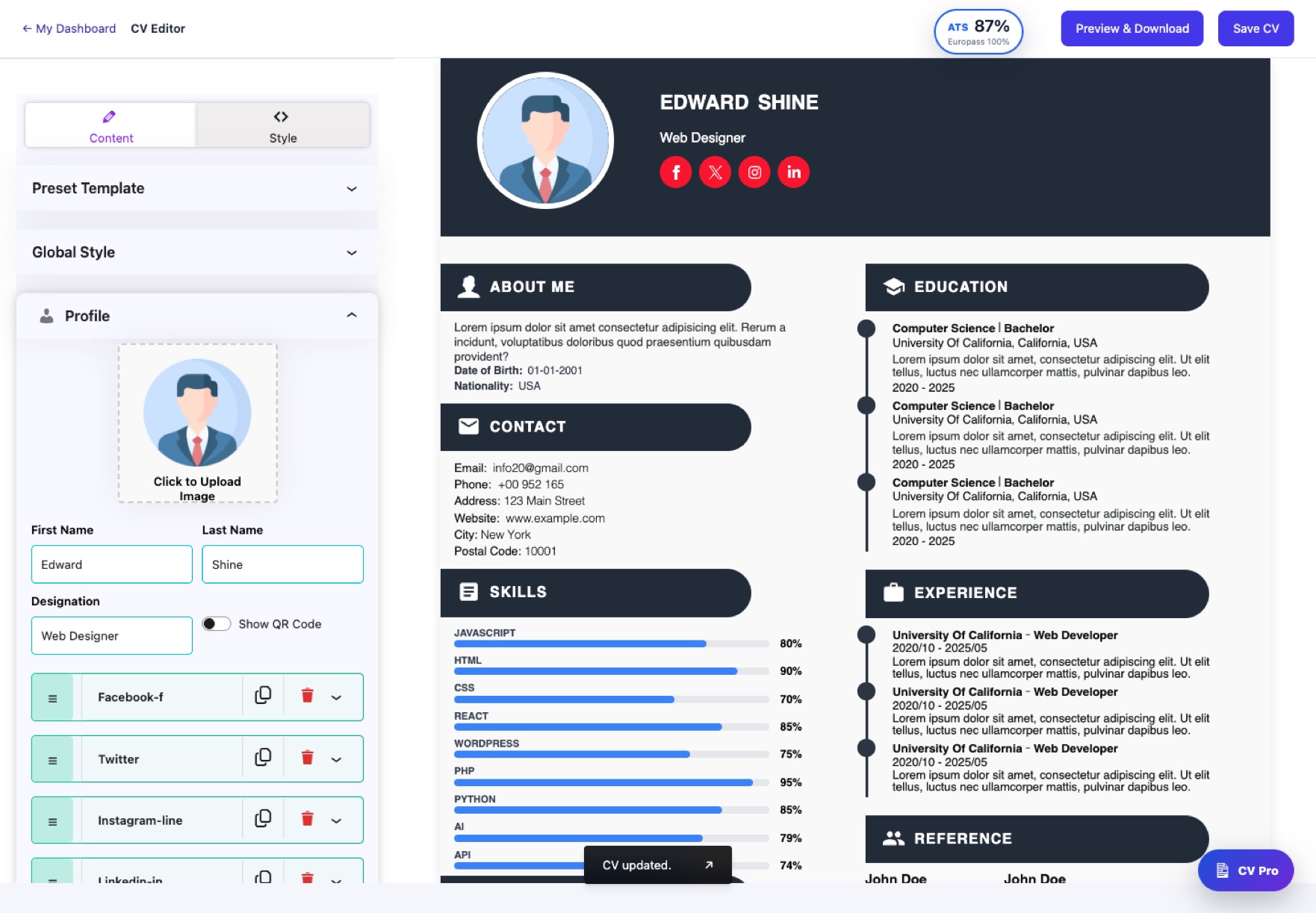 Real WP CV Builder resume editor