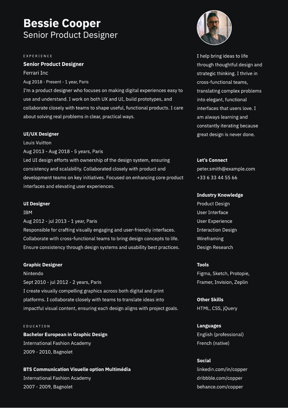ATS Arts Dark resume template preview