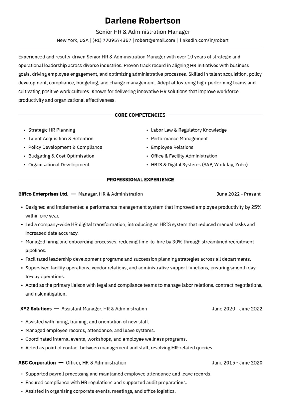 ATS HR Centered resume template preview